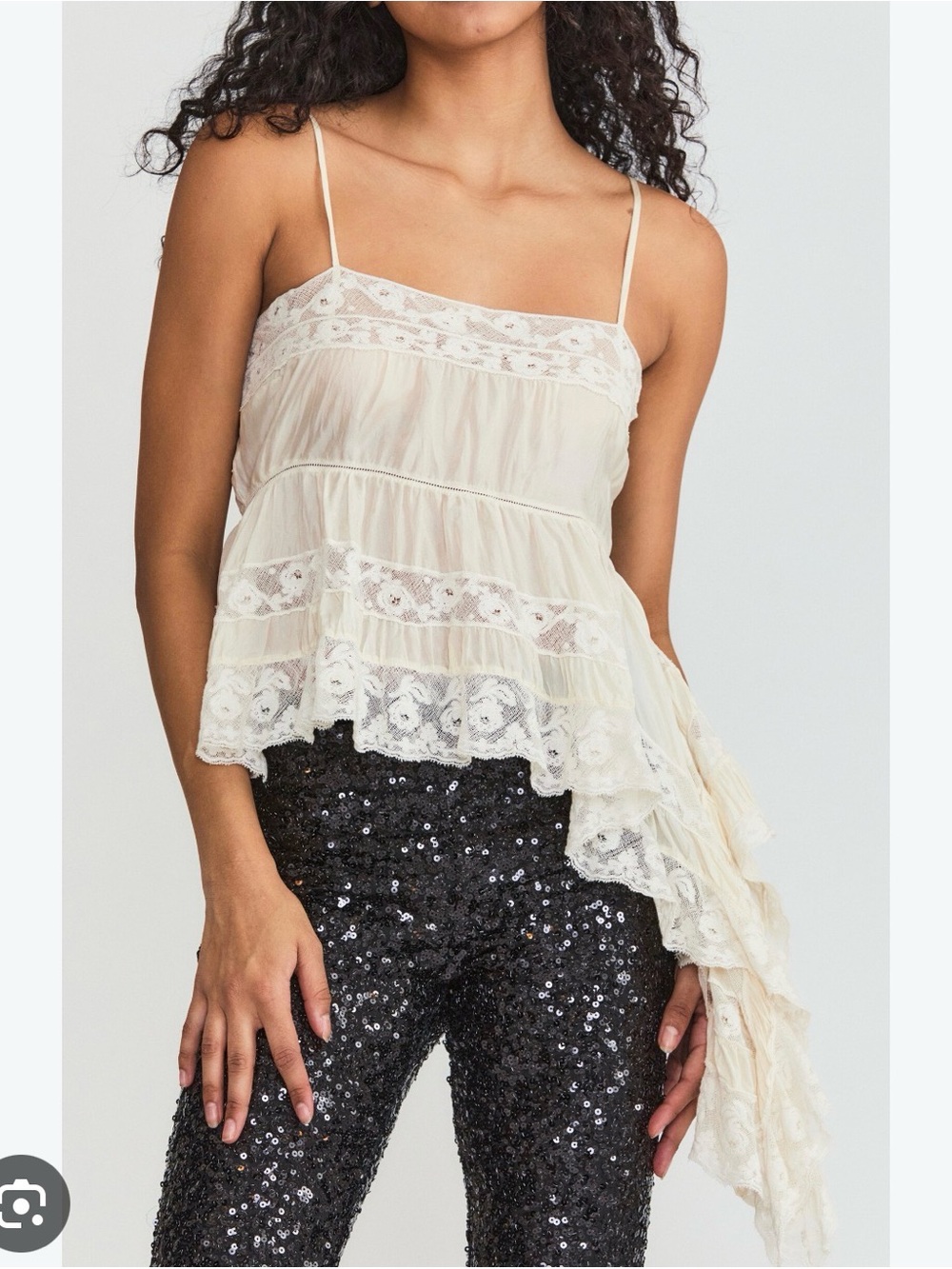 LoveShackFancy Cream Lace-Trim Asymmetrical Tank setta lace silk satin xs